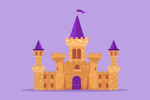 Graphic flat design drawing castle in amusement park with five towers and o.. Ilustración de archivo
