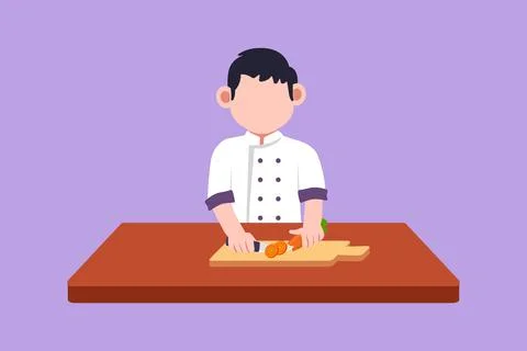 Graphic flat design drawing cheerful little boy cutting carrot and other fr.. Illustrazione stock