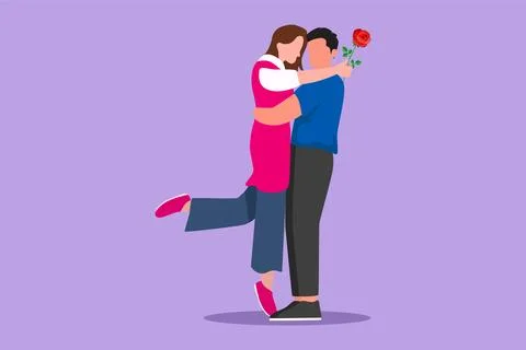 Graphic flat design drawing cheerful boy giving rose flower to girl. Man in.. Ilustração Stock