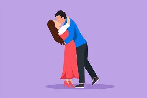 Graphic flat design drawing cheerful boy and girl in love kissing. Couple l.. Stock Illustration