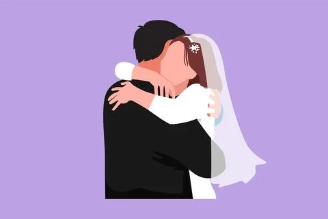 Graphic flat design drawing cheerful married couple hugging with smile. Hap.. Stock Illustration