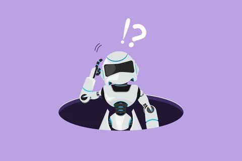 Graphic flat design drawing confused robot emerges from hole. Depressed and.. Stockillustratie