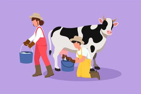 Graphic flat design drawing couple farmers milking a cow in the bucket. Bre.. Illustration
