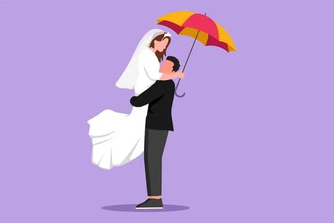 Graphic flat design drawing couple in love under rain with umbrella. Happy .. Stockillustratie