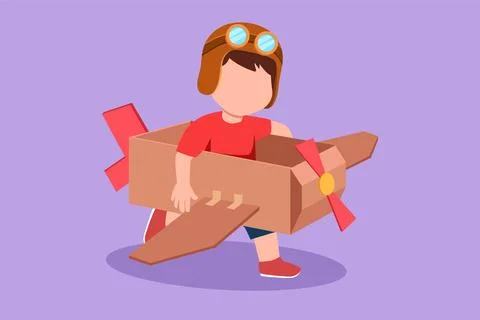 Graphic flat design drawing creative little boy playing as pilot with cardb.. 스톡 일러스트