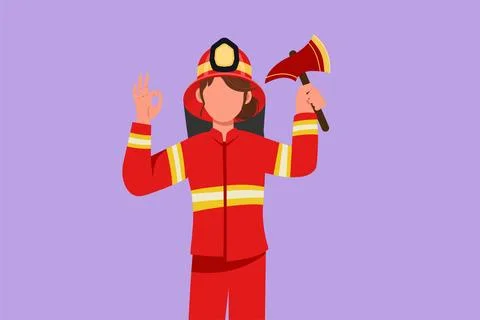 Graphic flat design drawing cute female firefighter in complete uniform hol.. Stock-Illustration