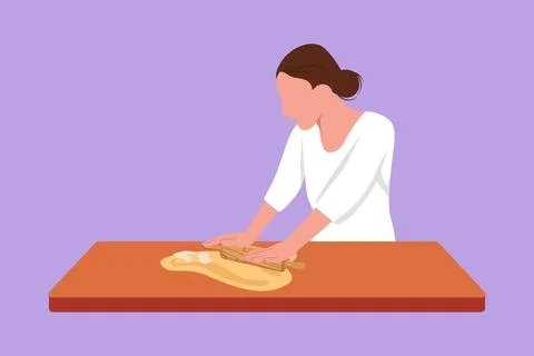 Graphic flat design drawing cute woman making cookie dough using rolling pi.. イラスト素材