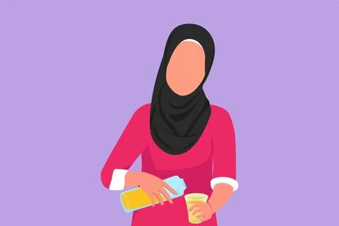 Graphic flat design drawing cute Arab woman pouring orange juice into glass.. Stock Illustration