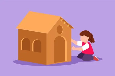 Graphic flat design drawing of cute little girl playing in house made of ca.. Ilustração Stock