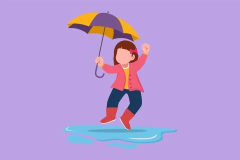 Graphic flat design drawing cute little girl play wear raincoat and umbrell.. Stock Illustration