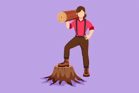 Graphic flat design drawing cute woman lumberjack or woodcutter holding tim.. イラスト素材