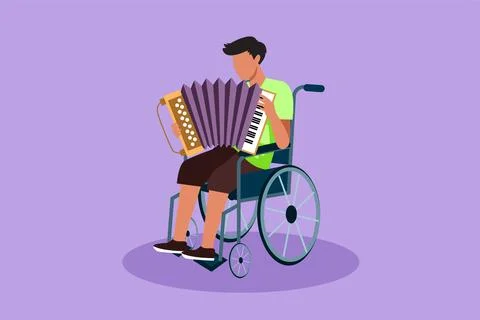 Graphic flat design drawing disability and music. Man in wheelchair playing.. Ilustração Stock