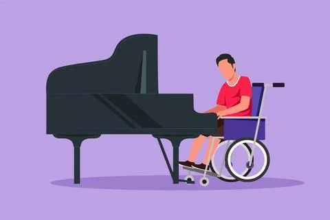 Graphic flat design drawing disabled man in wheelchair playing piano in con.. Ilustração Stock