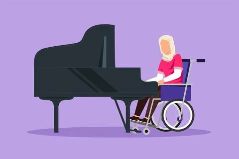 Graphic flat design drawing of disabled young Arabian woman in wheelchair p.. Ilustração Stock