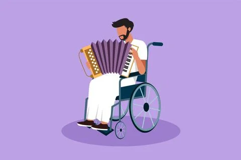 Graphic flat design drawing disabled Arabian man in wheelchair playing acco.. Ilustração Stock