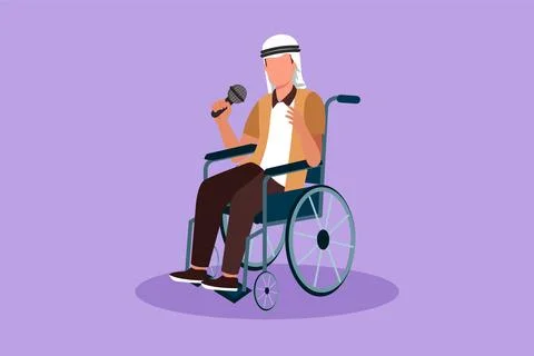 Graphic flat design drawing disabled person enjoying life. Attractive Arabi.. Stock Illustration
