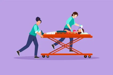 Graphic flat design drawing doctors push gurney with sick woman. Emergency .. Stockillustratie