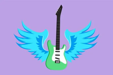 Graphic flat design drawing of electric guitar with wings. Vintage label, s.. Stock Illustration