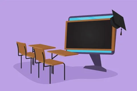 Graphic flat design drawing empty study chairs and desks facing giant compu.. Ilustração Stock