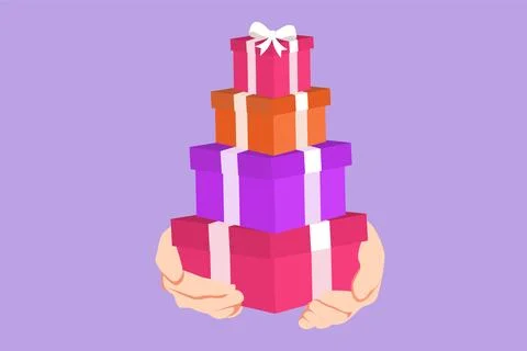 Graphic flat design drawing faceless millennial lady carrying pile of wrapp.. Stock Illustration