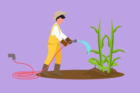 Graphic flat design drawing farmer watering vegetables with hose, agricultu.. Stock Illustration