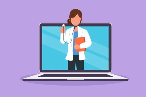 Graphic flat design drawing female doctor comes out of laptop computer scre.. Stock Illustration
