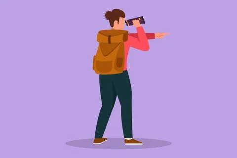 Graphic flat design drawing female adventurer carrying backpack, looking th.. Stock Illustration