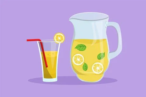 Graphic flat design drawing fresh stylized lemonade ice with sliced lemon l.. Stock Illustration