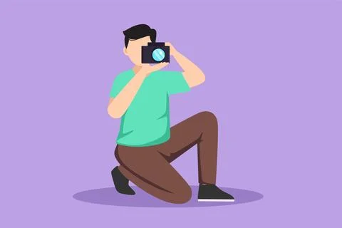 Graphic flat design drawing front view of happy photographer is taking phot.. Stock Illustration