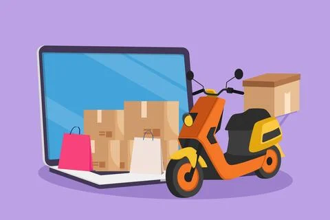 Graphic flat design drawing giant laptop computer in front of courier scoot.. Stock Illustration