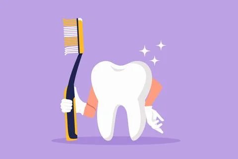 Graphic flat design drawing of giant tooth holding toothbrush in one hand a.. Stock Illustration