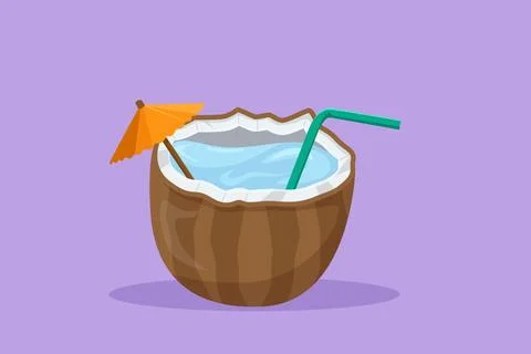 Graphic flat design drawing green coconuts with drinking straw. For flyer, .. Ilustração Stock