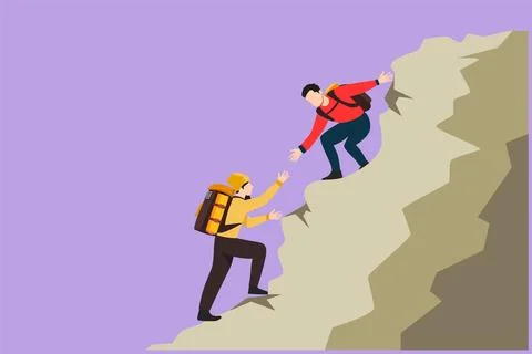 Graphic flat design drawing group of man woman help each other to climb up .. Illustrazione stock