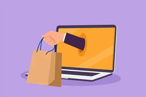 Graphic flat design drawing hand out of laptop computer screen holding shop.. Stock-Illustration