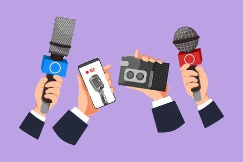 Graphic flat design drawing of hand with microphone icon, logo. Journalism .. Stock Illustration