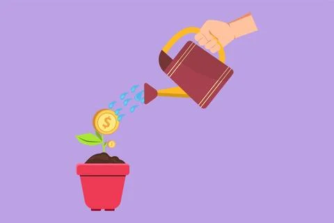 Graphic flat design drawing hand holding watering can watering money plant .. Ilustração Stock