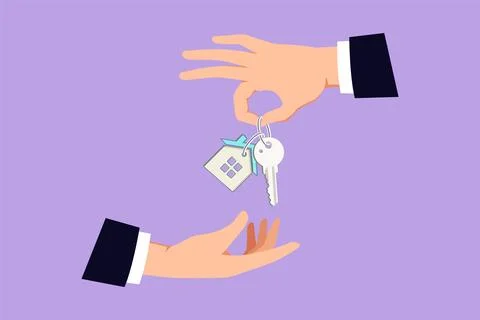Graphic flat design drawing hand giving house keys to customer. Businessman.. Stock Illustration