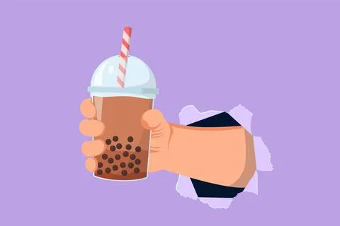 Graphic flat design drawing hand holding plastic cup of famous Taiwanese bu.. Stockillustratie