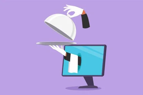 Graphic flat design drawing hands out of monitor computer screen with open .. Stock Illustration