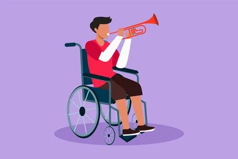 Graphic flat design drawing handsome male in wheelchair playing trumpet dur.. Ilustração Stock