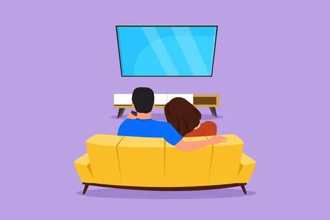 Graphic flat design drawing happy family sitting on sofa and watch tv in co.. Stock Illustration