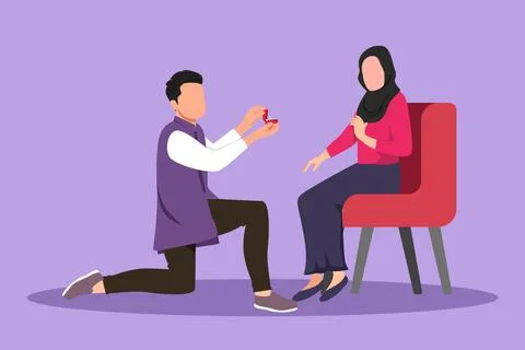 Graphic flat design drawing happy Arab man proposes to woman sitting on cha.. 스톡 일러스트