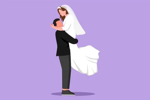 Graphic flat design drawing of happy handsome man carrying and embracing wo.. Ilustração Stock