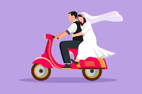 Graphic flat design drawing happy married couple riding motorcycle. Man dri.. Stock Illustration