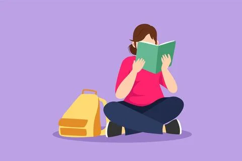 Graphic flat design drawing happy young woman reading book and sitting on f.. Stock Illustration