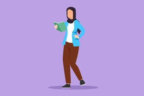 Graphic flat design drawing happy beautiful woman standing and reading book.. Stock Illustration