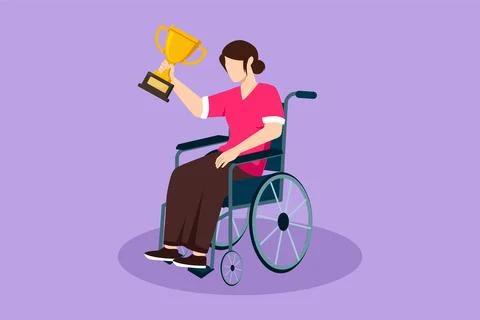 Graphic flat design drawing happy beautiful woman in wheelchair holding gol.. 스톡 일러스트