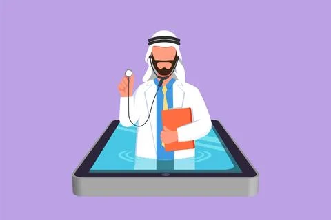 Graphic flat design drawing helpful Arab male doctor comes out of smartphon.. Stock Illustration
