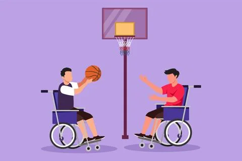 Graphic flat design drawing joyful disabled young man in wheelchair playing.. Illustration