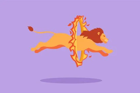Graphic flat design drawing lion jumping into a circle of fire at a circus .. Illustrazione stock